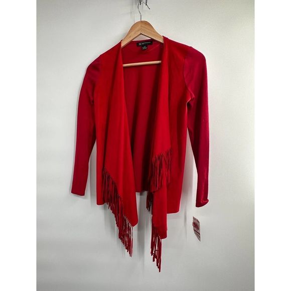 NWT INC International Concepts Red Fringe Open Front‎ Faux Suede Cardigan Petite - Picture 5 of 6